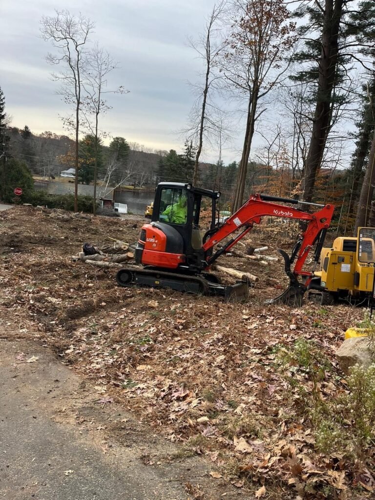Mini excavator clearing brush and logs on a wooded lot in Connecticut